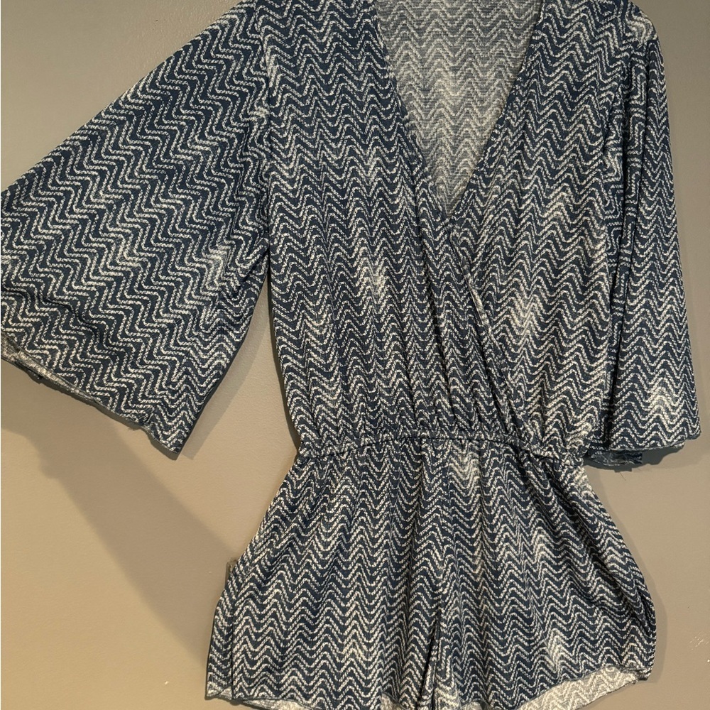 Elan Blue and White Patterned Swim Coverup Romper - Picture 6 of 9